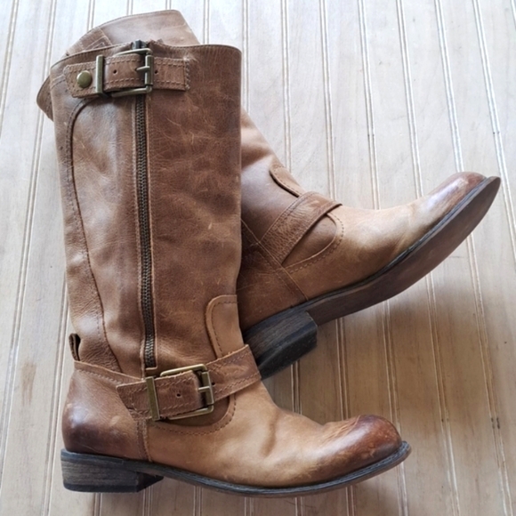 Gianni Bini Leather Buckle Side-Zip midi Mid-Calf High Western Distressed Boots - Picture 3 of 13